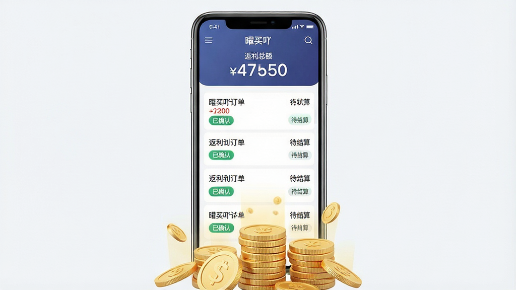 一张展示曜买吖返利追踪功能的场景图。画面中央为手机屏幕,显示“曜买吖”APP的返利订单列表,每笔订单旁标注返利金额和状态标签(如“已确认”“待结算”)。屏幕上方有醒目的返利总额数字。手机下方有金币堆积的视觉效果,象征收益累积。布局清晰,风格简洁商务,细节丰富,画质高清,干净无多余元素。