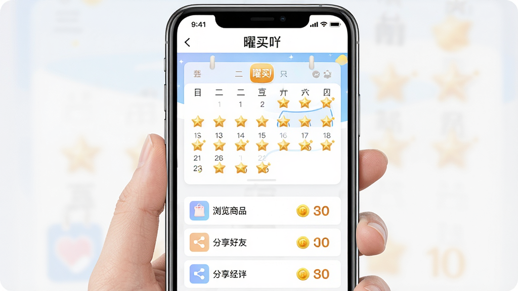 一张展示曜买吖每日签到与任务奖励功能的场景图。画面中央为手机屏幕,显示“曜买吖”APP的签到页面,页面上有日历样式的签到记录,已签到的日期标记为金色星星。屏幕下方有任务列表,包含“浏览商品”“分享好友”等条目,每条任务旁标注奖励金币数量。布局简洁明快,风格活泼,细节精致,画质高清,干净无多余元素。