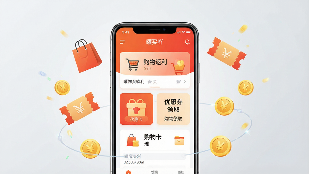 一张展示曜买吖软件核心全貌的场景图。画面中央是一部智能手机,屏幕上显示曜买吖APP首页界面,包含购物返利、优惠券领取、购物卡管理等模块入口,界面采用橙红色与白色搭配的清爽风格。手机周围环绕着购物袋、优惠券、金币等小图标,象征省钱与返利。背景为浅灰色渐变,整体布局简洁明了,风格现代科技感,细节清晰,画质高清,干净无多余元素。