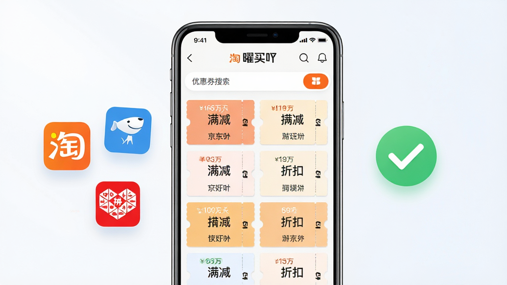 一张展示曜买吖优惠券聚合功能的AI生图。画面主体为一部手机,屏幕中显示“曜买吖”APP的优惠券搜索页面,页面上排列着多张不同面额的优惠券卡片,卡片上有“满减”“折扣”等字样。手机左侧漂浮着淘宝、京东、拼多多的简化图标,右侧是领取成功的绿色对勾标识。布局居中,风格清新明亮,细节精致,画质高清,干净无多余元素。