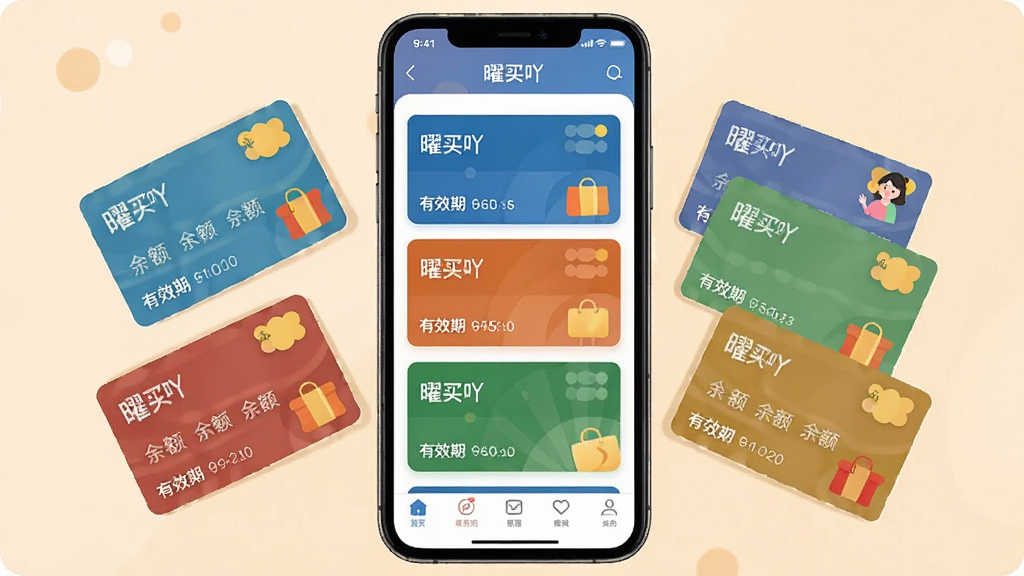 一张展示曜买吖购物卡管理功能的AI生图。画面主体为一部手机,屏幕显示“曜买吖”APP的购物卡管理界面,页面上有多张不同颜色的购物卡卡片,每张卡片上标注余额和有效期。手机旁边散落着几张实体购物卡的插画,与屏幕内容形成呼应。布局居中,风格温馨实用,细节清晰,画质高清,干净无多余元素。