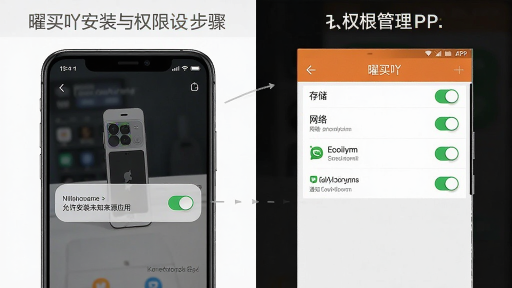 一张展示曜买吖安装与权限设置步骤的示意图。画面分为左右两部分,左侧为手机安装界面,显示“允许安装未知来源应用”的开关按钮;右侧为曜买吖APP的权限管理页面,展示存储、网络、通知等权限的开启状态。布局为左右对比式,风格简洁教程风,细节清晰,画质高清,干净无多余元素。