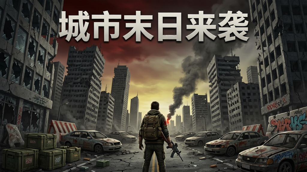 主体为一座被废弃的现代城市废墟,高楼倾斜、街道龟裂、废弃车辆堆积,远处有浓烟升起;画面中央一名背着背包的幸存者手持武器站立,背景天空呈暗红与灰黄渐变;布局采用居中构图,人物占画面下方三分之一,城市废墟向上延伸;风格为写实末日废土插画,细节包含破碎玻璃、散落物资箱、路障与涂鸦;画质高清,干净,无多余元素,画面中可加入文字“城市末日来袭”作为海报标题
