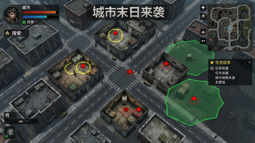 主体为俯视角开放城市地图界面,画面中显示多条街道、建筑群与可进入的室内区域;布局采用游戏UI风格,左侧显示角色状态栏,右侧显示小地图与任务提示;风格为末日生存游戏界面截图风格,细节包含高亮可搜索物资点、敌人红点标记、安全区绿色标识;画质高清,干净,无多余元素,画面中可加入文字“城市末日来袭”