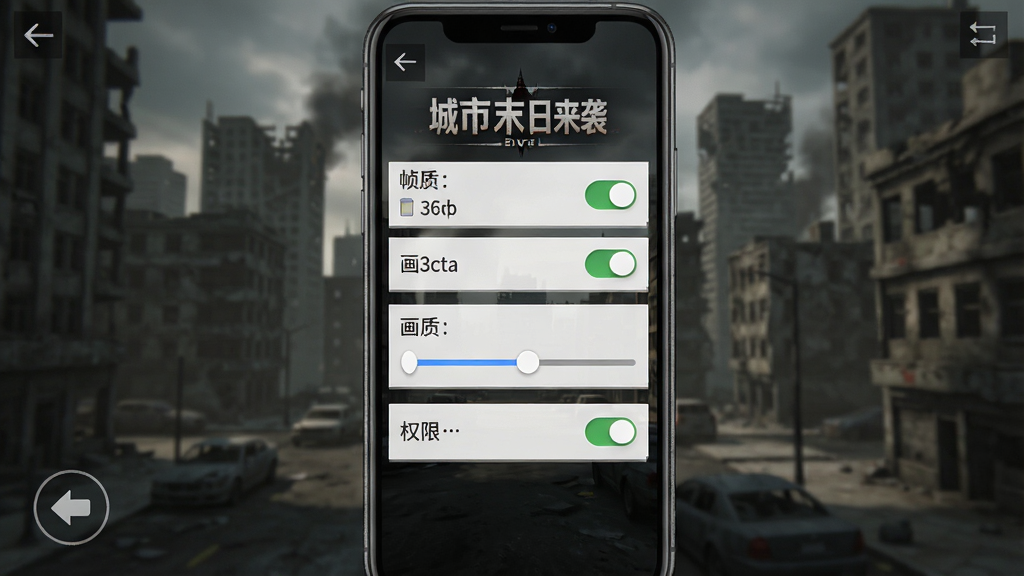 主体为手机屏幕显示城市末日来袭游戏设置界面,画面中可见帧率选项、画质调节滑块与权限开关;布局采用竖屏手机UI构图,设置菜单居中排列;风格为游戏设置界面截图风格,细节包含清晰的选项文字、开关按钮、返回箭头;画质高清,干净,无多余元素,画面中可加入文字“城市末日来袭”
