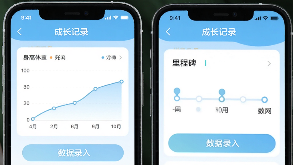悦育云网成长记录功能界面图,画面展示手机屏幕中悦育云网APP的成长记录页面,包含身高体重曲线图、里程碑时间轴、数据录入按钮,界面整洁,配色清新,背景为浅色,画质清晰,无多余元素