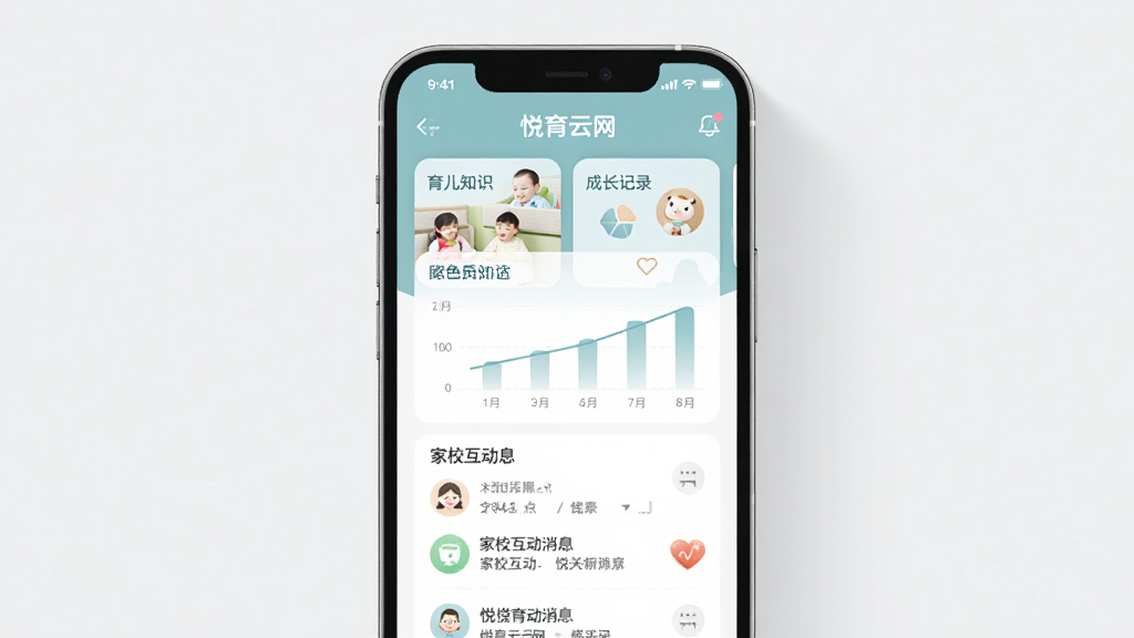 悦育云网官方应用主界面展示图,画面中央是手机屏幕,屏幕内显示悦育云网APP首页,包含育儿知识卡片、成长记录图表、家校互动消息列表,界面配色为柔和的蓝绿色调,背景为干净的浅灰色,整体风格简约现代,画质清晰,无多余元素