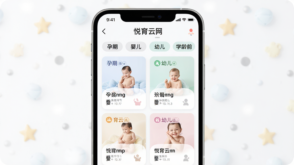 悦育云网育儿知识库功能界面图,画面展示手机屏幕中悦育云网APP的知识库页面,分类标签清晰可见,包括孕期、婴儿、幼儿、学龄前等,卡片式内容排列整齐,配色柔和,背景干净,画质清晰,无多余元素