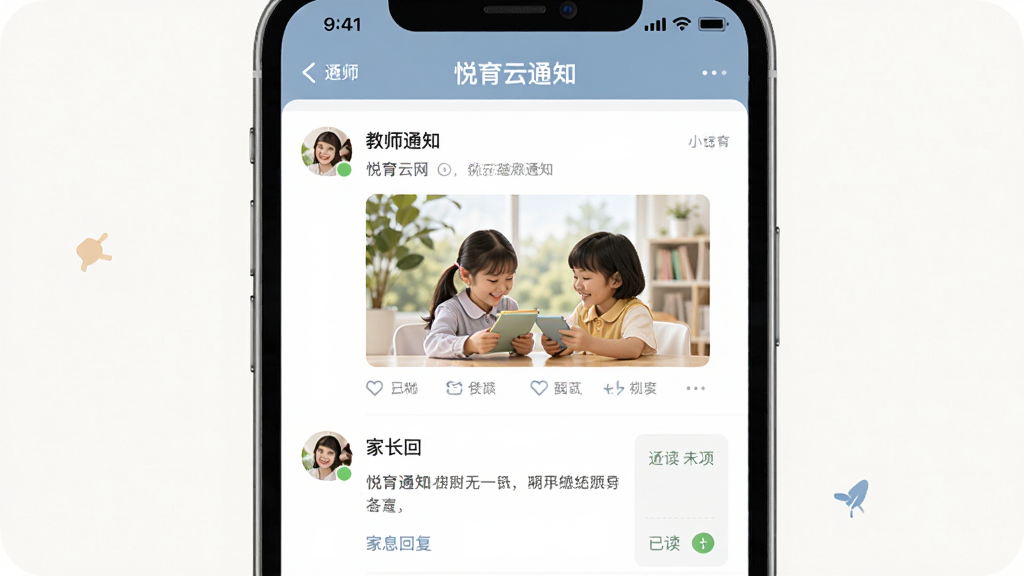 悦育云网家校互动功能界面图,画面展示手机屏幕中悦育云网APP的消息通知页面,包含教师发布的图文通知、家长回复区域、已读未读状态标识,界面布局清晰,配色温和,背景干净,画质清晰,无多余元素