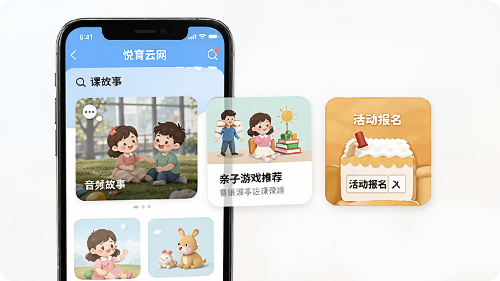 悦育云网课程资源功能界面图,画面展示手机屏幕中悦育云网APP的课程页面,包含音频故事卡片、亲子游戏推荐、活动报名入口,界面配色活泼,布局整齐,背景简洁,画质清晰,无多余元素