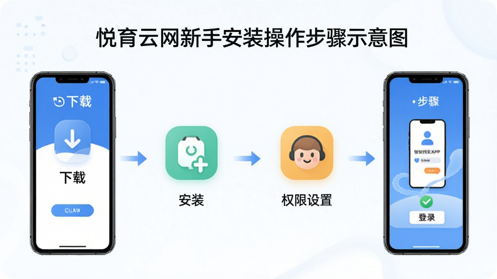 悦育云网新手安装操作步骤示意图,画面展示手机屏幕中安装悦育云网APP的流程图,包含下载、安装、权限设置、登录四个步骤,图标清晰,配色简洁,背景干净,画质清晰,无多余元素