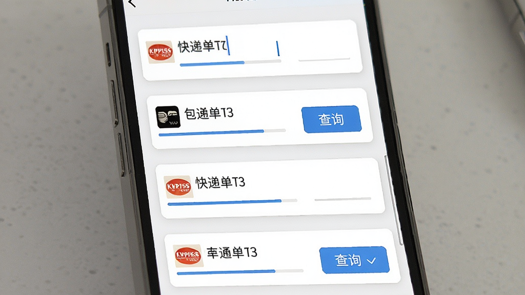 快递包裹全查询批量查询功能展示,主体为手机屏幕显示多个快递单号输入框与查询按钮,布局为垂直列表排列,排版整齐,风格为简洁工具类应用界面,细节包含不同快递公司图标、输入光标、查询进度条,画质清晰,画面干净,无多余元素