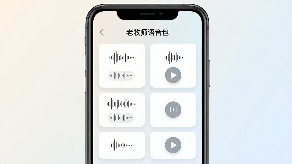 一张手机屏幕展示语音包软件界面的图片,画面中央是手机正面,屏幕上显示“老牧师语音包”软件的主界面,界面中有多个语音分类卡片和播放按钮,背景是简洁的浅色渐变,风格清爽现代,细节包括语音波形图标和分类标签,画质清晰干净,无多余元素