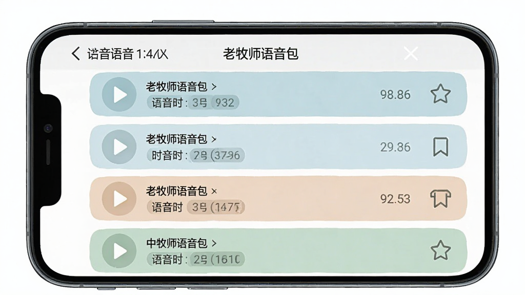 一张展示“老牧师语音包”软件内语音列表界面的图片,画面主体是手机屏幕,屏幕上排列着多条语音条目,每条都带有播放按钮和收藏图标,界面配色柔和,风格清新,细节包括语音时长和分类标签,画质清晰,干净整洁