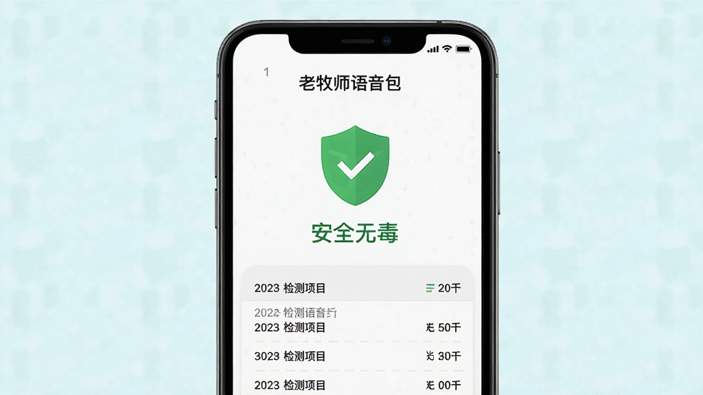 一张展示“老牧师语音包”软件安全检测报告的图片,画面中手机屏幕显示安全检测界面,绿色盾牌图标和“安全无毒”字样居中,背景为浅色,风格简洁可信,细节包括检测项目列表,画质清晰,干净无多余元素