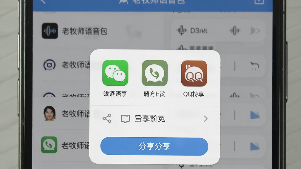 一张展示“老牧师语音包”软件分享功能界面的图片,画面中手机屏幕弹出分享菜单,菜单中包含微信、QQ等社交图标,背景是语音列表界面,风格简洁明快,细节包括分享按钮和导出选项,画质清晰,无杂乱元素
