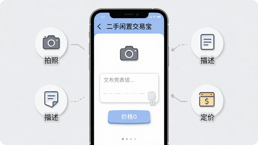手机应用“二手闲置交易宝”的发布商品界面截图风格插画,画面中央是一个简洁的发布表单,包含相机图标、文字输入框和价格标签,周围环绕着“拍照”“描述”“定价”三个步骤图标,背景为浅灰色,布局居中对称,风格清爽现代,细节上按钮有轻微阴影,画质干净无杂物。