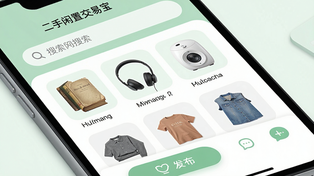 一部智能手机屏幕中展示着“二手闲置交易宝”应用的主界面,界面采用柔和的浅绿色与白色搭配,顶部有搜索栏,中部以网格形式展示各类闲置物品的缩略图,包括旧书、耳机、小家电和衣物,底部有发布按钮和消息入口。整体布局清晰,操作区域一目了然,风格为现代扁平化设计,细节上图标圆润、字体清晰,画质干净明亮,无多余装饰元素。