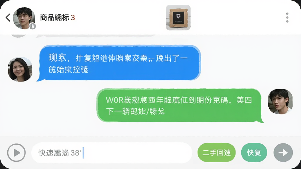 二手闲置交易宝应用内的聊天界面示意图,左右两侧分别用蓝色和绿色气泡展示买卖双方的对话内容,底部有输入框和快捷回复按钮,界面顶部显示对方昵称和商品缩略图,整体布局为手机竖屏比例,风格简洁明快,细节上气泡有圆角,字体清晰,画质干净无多余元素。