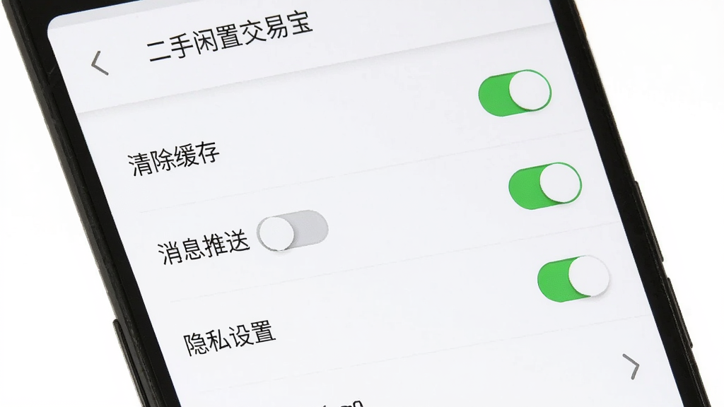 一部安卓手机屏幕显示“二手闲置交易宝”的应用设置页面,页面中包含清除缓存、消息推送开关、隐私设置等选项,背景为纯白色,选项列表排列整齐,风格极简,细节上开关按钮为绿色,文字为深灰色,画质清晰干净,无多余装饰。