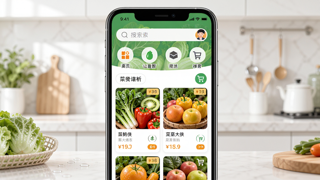 菜大侠手机应用界面展示,画面中央是一部智能手机,屏幕显示菜大侠APP的生鲜采购首页,上方有搜索框和分类图标,下方是新鲜蔬菜水果的商品列表,背景是干净明亮的厨房环境,主体突出手机屏幕,布局居中对称,风格写实清新,细节包括蔬菜水珠、价格标签、购物车图标,画质高清,干净无多余元素