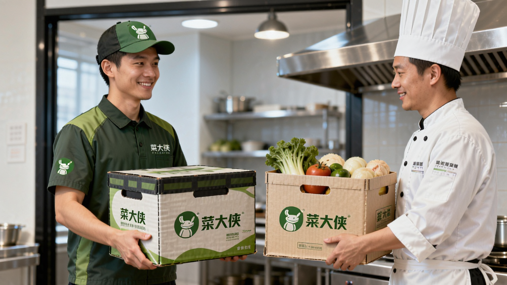 菜大侠配送员将食材箱交付给餐厅后厨人员的场景,画面左侧是穿着菜大侠工服的配送员,右侧是接过食材箱的厨师,背景是餐厅后厨入口,布局人物居中,风格写实明亮,细节包括食材箱上的菜大侠标志、配送员微笑表情、整洁的工服,画质高清,干净无多余元素