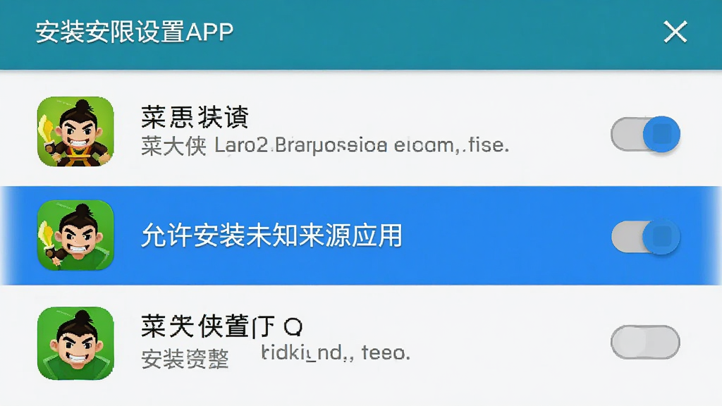 菜大侠APP在安卓手机上的安装权限设置界面截图,画面展示手机屏幕设置页面,列表中高亮显示“允许安装未知来源应用”选项,旁边有菜大侠图标,背景为手机系统设置界面,布局居中,风格写实科技感,细节包括权限开关、应用图标、提示文字,画质清晰,干净无多余元素