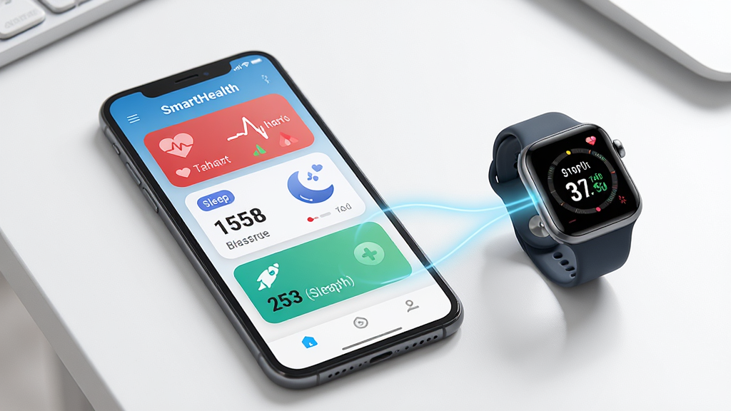 һ��չʾSmartHealthӦ���������ͼƬ������������һ�������ֻ�����Ļ����ʾ�����ʡ�Ѫѹ��˯�ߺͲ����Ƚ������ݿ�Ƭ���ֻ��Ա߷�����һ�������ֱ�������֮���õ���ɫ�������ӱ�ʾ����ͬ���������Ǹɾ��İ�ɫ���棬���Ϊ�ִ��Ƽ��У�ϸ�ڰ�������������ͼ�����͵���Ӱ�����ʸ��壬�ɾ����޶���Ԫ��