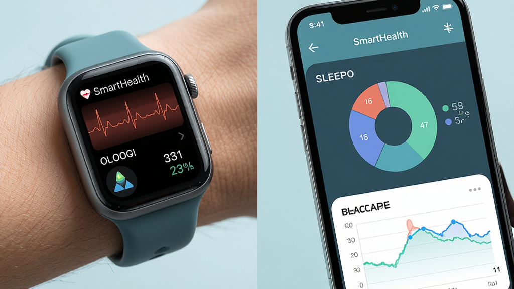 һ��չʾSmartHealthȫ��򽡿���⹦�ܵ�ͼƬ������������һ�������ֱ�����������ϣ��ֱ���Ļ��ʾ���ʲ��κ�Ѫ����ֵ���Ա���һ���ֻ���ʾͬ�����˯�߱�ͼ��Ѫѹ���ߣ�����Ϊ���ҷ��������Ϊ���ҽ�ƿƼ��磬ϸ�ڰ������������ֺ���͵�����ɫ�������ʸ��壬�ɾ����޶���Ԫ��