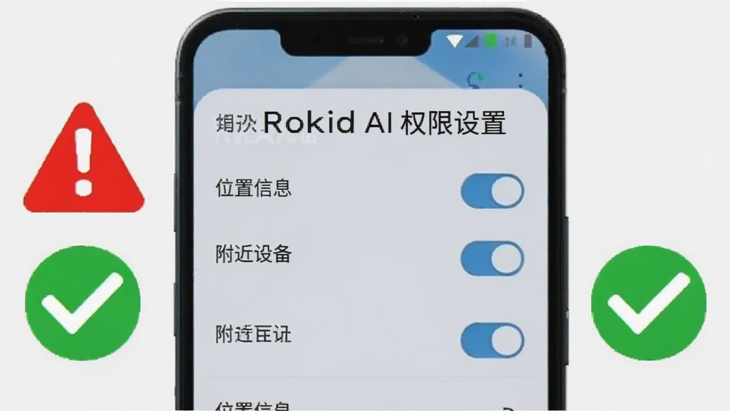 һ����׿�ֻ���Ļ��ʾRokid AI��Ӧ��Ȩ������ҳ�棬�Ա��к�ɫ����ͼ�����ɫ�Թ�ͼ�꣬����Ϊǳ��ɫ�����Ϊ�̳�ʾ��ͼ��ϸ����ͻ����λ����Ϣ���������豸����Ȩ�޿��أ��������������ֱ�ע��Rokid AI Ȩ�����á�