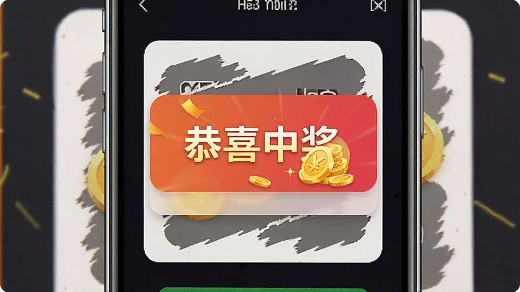 一张展示手机界面中奖弹窗的图片,屏幕中央显示“恭喜中奖”字样与金币图标,背景是刮开的刮刮卡,整体风格喜庆,画质清晰,干净无多余元素