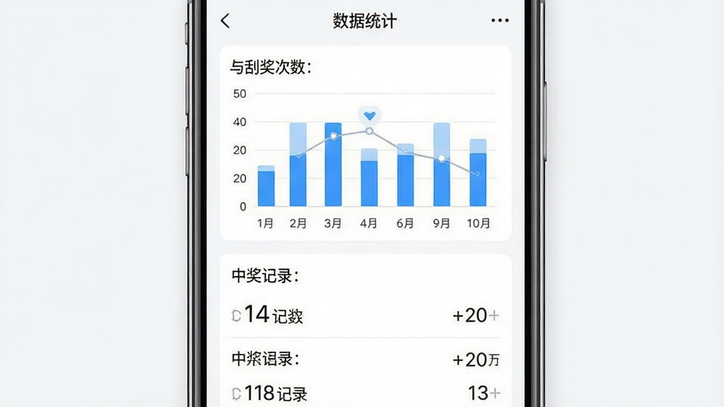 一张展示手机应用内数据统计页面的图片,页面包含柱状图与数字列表,显示刮奖次数与中奖记录,界面简洁现代,画质清晰,干净无多余元素