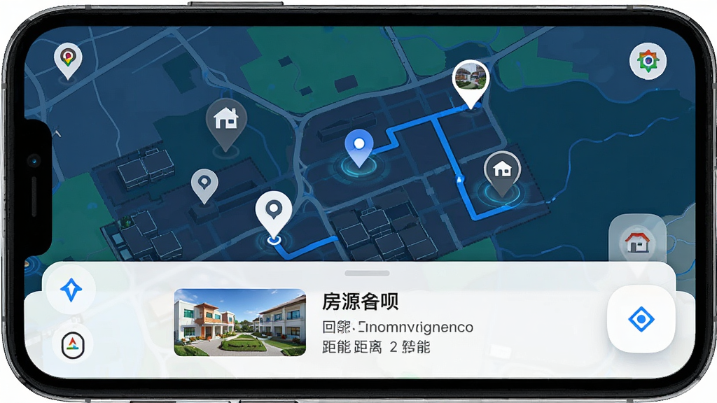 回家呗 智能定位导航功能 手机屏幕显示地图界面 地图上有多个民宿标记点 底部弹出房源简要信息卡片 布局为全屏地图加底部卡片 排版清晰 风格为科技感地图风格 细节包括定位图标 路线规划按钮 距离显示 画质高清 干净 无多余元素
