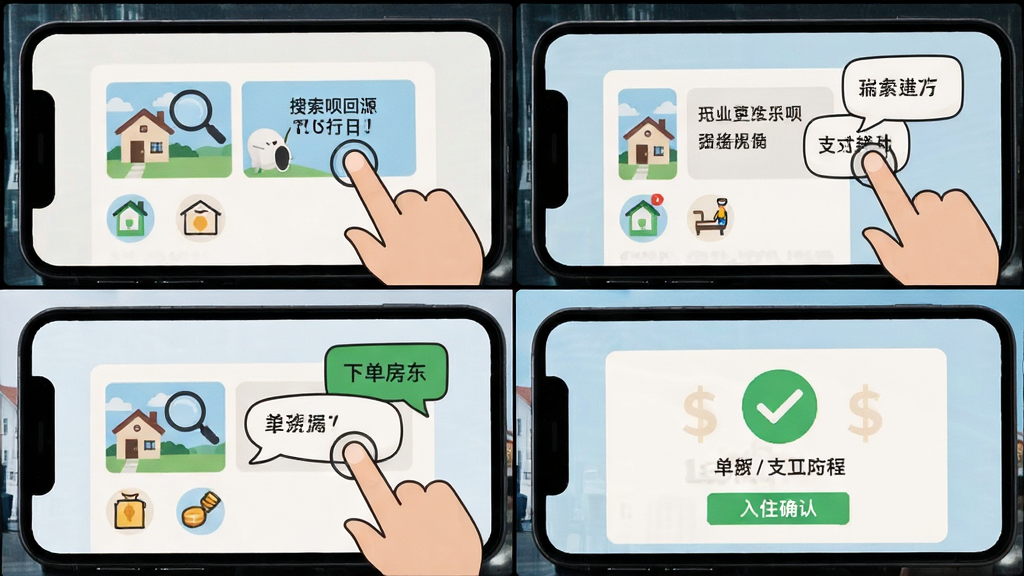 回家呗 新手使用教程 手机屏幕显示操作步骤 包含搜索房源 联系房东 下单支付 入住确认四个画面 布局为四格漫画式排列 排版从左到右从上到下 风格为扁平插画 细节包括手指点击图标 对话气泡 支付成功打勾 画质高清 干净 无多余元素