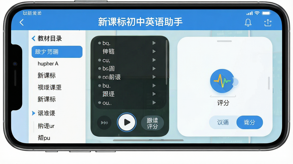 软件名称“新课标初中英语助手”主界面全貌展示,主体为一台智能手机屏幕居中,屏幕内呈现初中英语课本点读界面,包含单词列表、播放按钮与跟读评分图标;布局采用左右分栏,左侧为教材目录,右侧为互动学习区;排版整齐清爽,风格为现代教育类App UI设计,细节包括蓝色主色调、圆角卡片、护眼背景;画质高清,干净,无多余元素