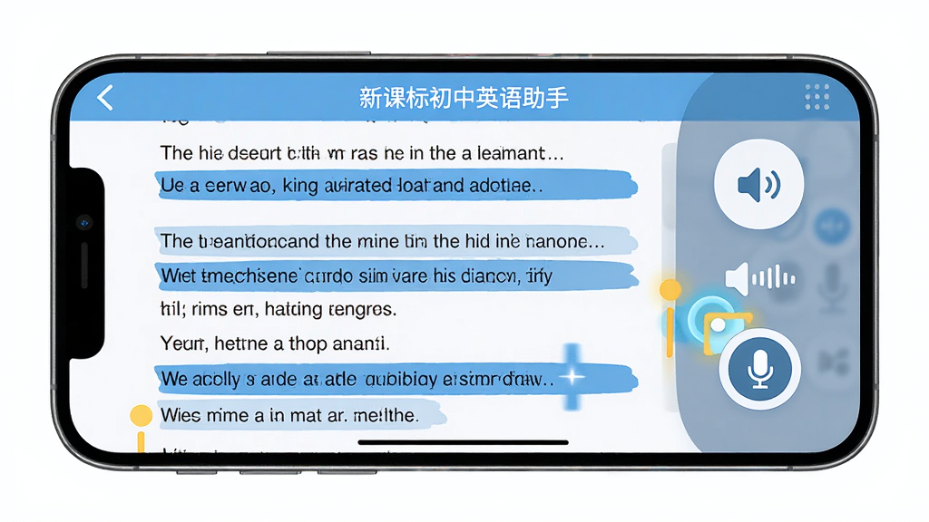 AI生图,主体为“新课标初中英语助手”点读功能界面,布局为手机横屏展示,左侧显示英语课文段落,右侧浮动发音按钮与高亮光标;排版模拟真实点读交互,风格为扁平化教育科技风,细节包括蓝色高亮条、音量波形图标、跟读麦克风图标;画质高清,干净,无多余元素