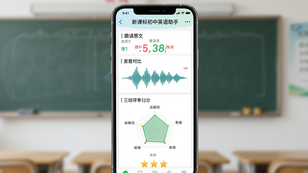 AI生图,主体为“新课标初中英语助手”语音评测结果页面,布局为手机竖屏居中,排版从上到下依次为跟读原文、发音波形对比图、三维评分雷达图与星级展示;风格为清新教育类App界面,细节包括绿色得分数字、红色错误音标提示、鼓励性文字;画质高清,干净,无多余元素