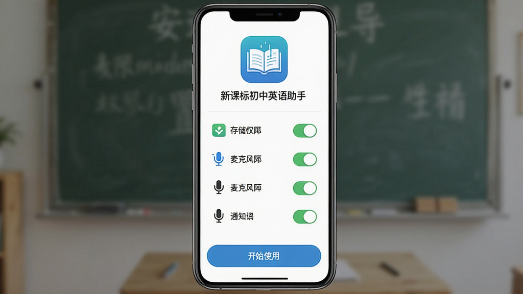 AI生图,主体为“新课标初中英语助手”安装与权限设置引导页面,布局为手机竖屏,排版上方为应用图标与名称,中间为权限开关列表,下方为“开始使用”按钮;风格为简洁引导页设计,细节包括存储权限、麦克风权限、通知权限的图标与开关状态;画质高清,干净,无多余元素