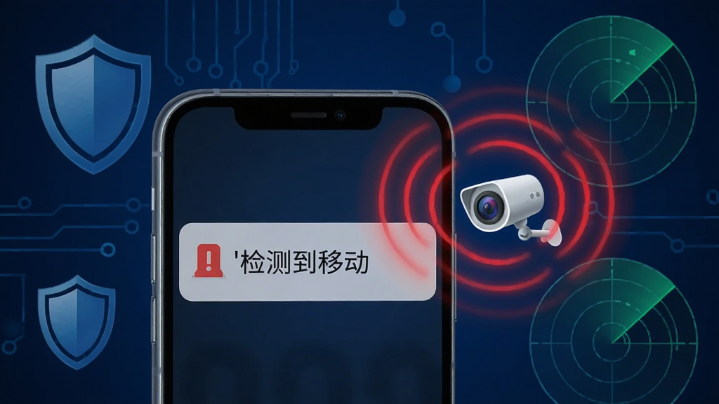 画面中央一部手机显示报警推送通知界面,通知内容为'检测到移动',手机旁边有一个摄像头图标发出红色警示波纹,背景为深蓝色科技风格,有盾牌和雷达扫描元素。整体布局紧凑,画质高清,干净无多余元素。