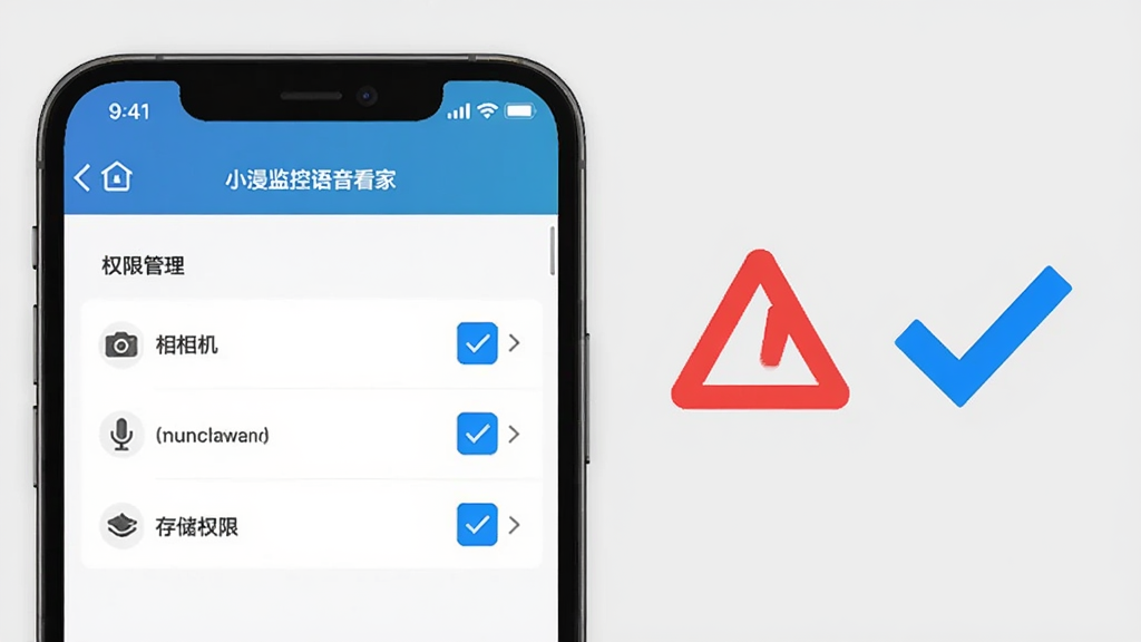 一部手机展示小漫监控语音看家的设置界面,界面中显示权限管理选项,相机、麦克风、存储权限均被勾选。手机旁边有一个红色警告三角形图标和蓝色对勾图标。背景为浅灰色,布局左侧手机右侧图标,风格简洁明了,画质高清,干净无多余元素。