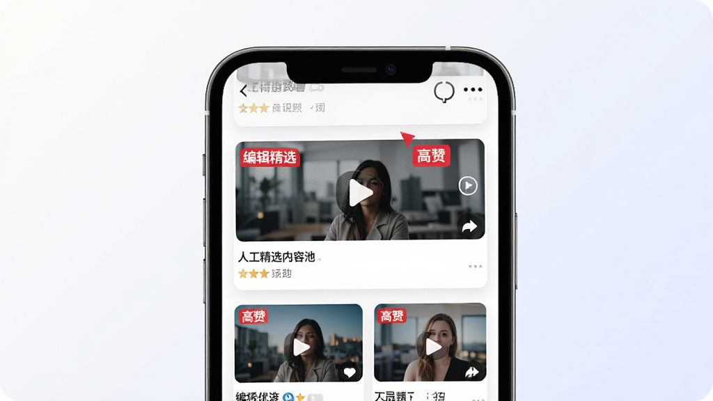抖音精选人工精选内容池概念图,画面中央是手机屏幕,屏幕内显示多个优质视频卡片,卡片上有「编辑精选」「高赞」标签,背景是简洁的浅色渐变,风格清新商务,细节丰富,画质高清,干净,无多余元素