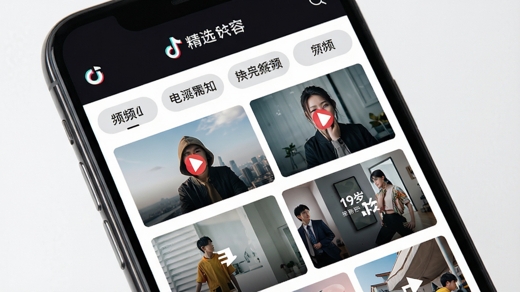 抖音精选内容分类界面,手机屏幕显示顶部导航栏和多个频道标签,下方是对应频道的视频封面网格,布局整齐,风格清爽,细节清晰,画质高清,干净,无多余元素