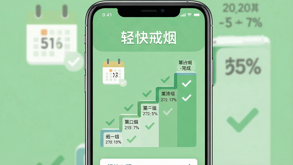 一部手机屏幕显示轻快戒烟的戒烟计划界面,标题'轻快戒烟'位于顶部,页面中央是阶梯式进度图,每一级台阶标注不同戒烟阶段,旁边有日历图标和完成打勾标记,背景为柔和绿色,主体清晰,布局居中,风格扁平化设计,细节包含阶段名称、日期、进度百分比,画质清晰,干净,无多余元素