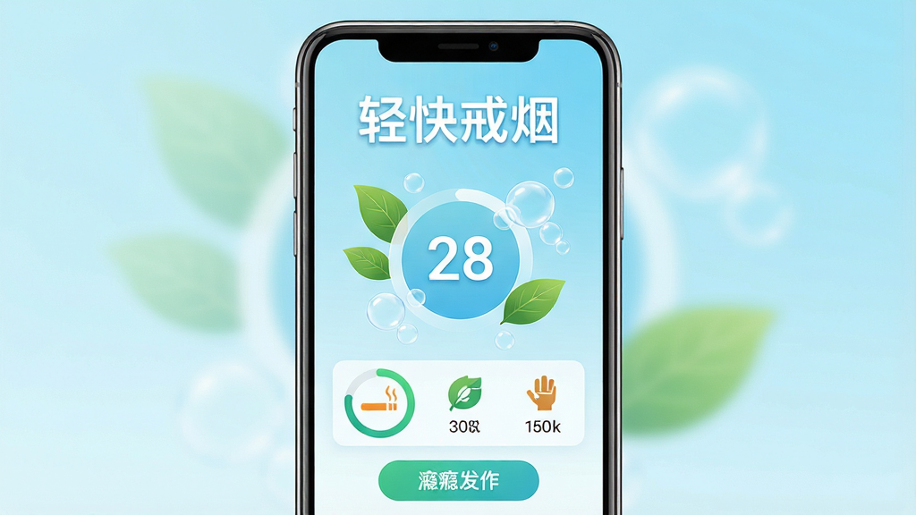 画面中央一部智能手机竖屏展示,屏幕内是轻快戒烟应用的主界面,界面顶部显示'轻快戒烟'四个大字,下方有戒烟天数计数器显示数字'28',周围环绕绿色叶片和清新气泡元素,背景为浅蓝渐变色调,整体风格清新健康,布局简洁明了,细节包括进度环、健康指标小图标、烟瘾发作按钮,画质高清,干净,无多余元素