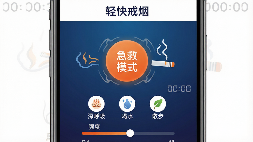 手机屏幕展示轻快戒烟的烟瘾干预页面,顶部有'轻快戒烟'字样,中央是一个醒目的圆形按钮写着'急救模式',周围环绕呼吸引导动画线条,下方有'深呼吸''喝水''散步'三个小图标,背景为深蓝渐变,风格沉稳安静,细节包括倒计时数字、强度滑块,画质高清,干净,无多余元素