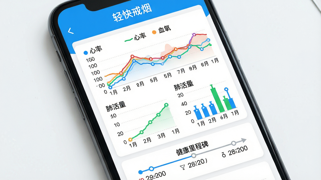 手机屏幕呈现轻快戒烟的健康数据面板,顶部标注'轻快戒烟',页面内有多条彩色折线图和柱状图,分别代表心率、血氧、肺活量等指标随时间的变化趋势,图表下方有健康里程碑时间轴,背景为白色卡片式布局,风格简洁专业,细节包含坐标轴、数据点、图例,画质高清,干净,无多余元素