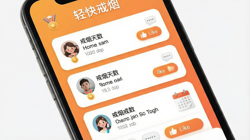 手机屏幕展示轻快戒烟的社区页面,顶部有'轻快戒烟'标识,页面内是卡片式动态列表,每张卡片包含用户头像、戒烟天数、文字动态和点赞按钮,底部有发布入口,背景为暖橙色渐变,风格温馨友好,细节包含勋章图标、评论气泡、打卡日历,画质清晰,干净,无多余元素