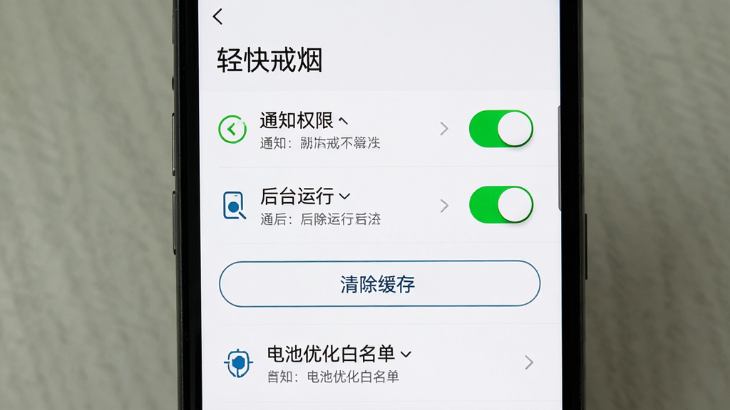 手机屏幕展示轻快戒烟的设置页面,顶部有'轻快戒烟'标题,页面内包含通知权限开关、后台运行开关、清除缓存按钮、电池优化白名单入口等选项,背景为白色简洁列表,风格实用工具向,细节包含开关状态、箭头指示、说明文字,画质高清,干净,无多余元素