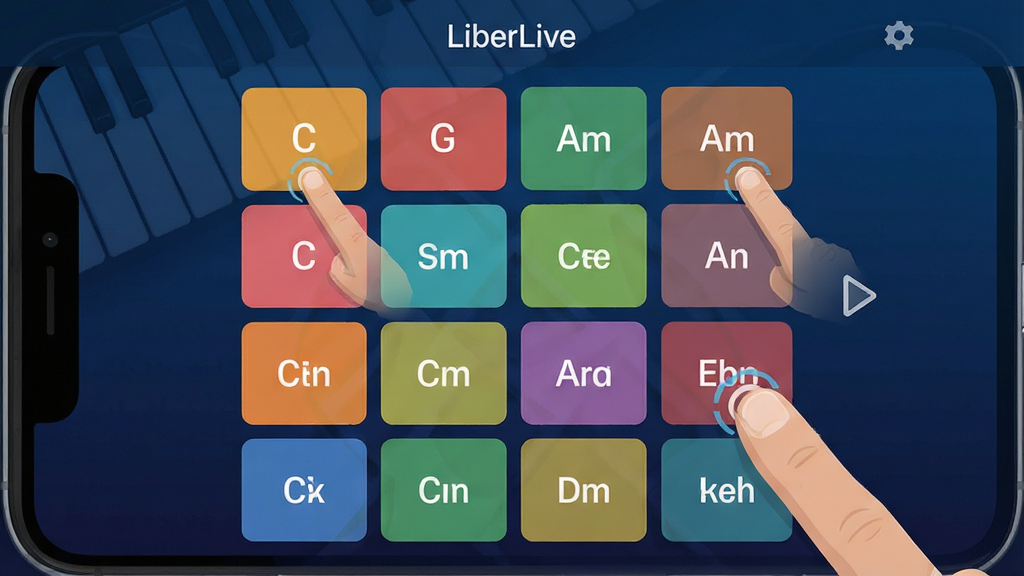 一张展示LiberLive智能和弦触发功能的界面截图,主体为手机屏幕上的和弦触控网格,布局为四行六列彩色按钮,每个按钮标注和弦名称如“C”“G”“Am”,风格为扁平化设计,细节包含手指点击按钮的动画效果、背景为深蓝色渐变,画质清晰,干净无多余元素,屏幕上方显示“LiberLive”