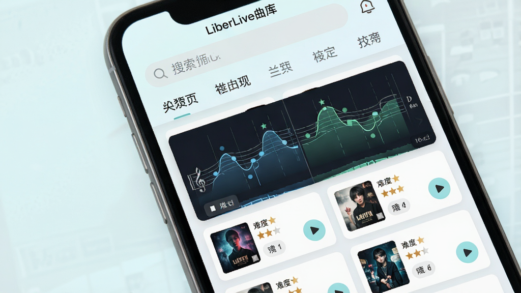 一幅LiberLive曲库界面的生图,主体为手机屏幕显示歌曲列表与动态乐谱预览,布局采用上下结构,上方为搜索栏与分类标签,下方为歌曲卡片网格,风格为清新浅色主题,细节包含专辑封面缩略图、难度星级标识、播放按钮,画质细腻,界面整洁,文字标注“LiberLive曲库”